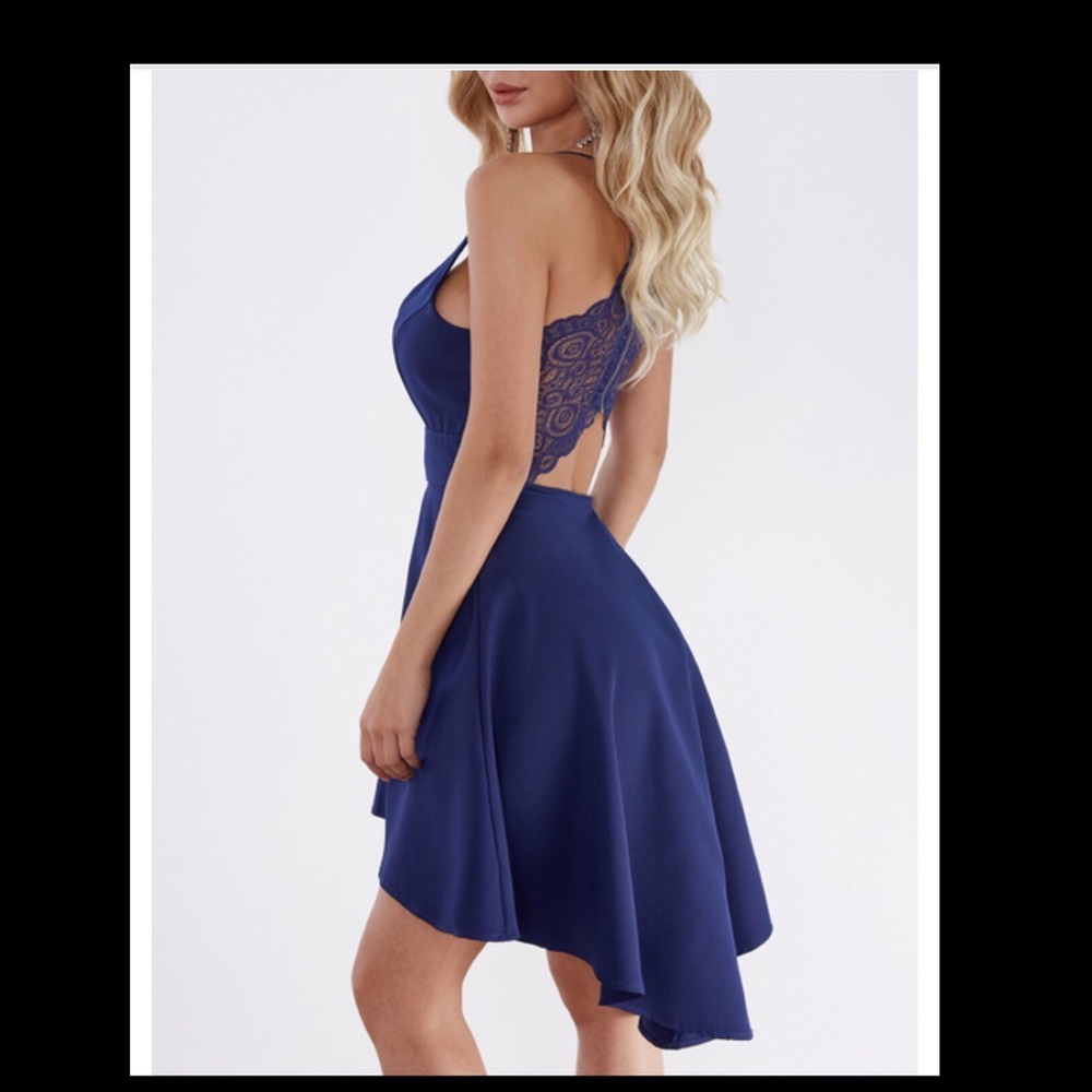 Navy cut out lace insert irregular hem dress - Picture 4 of 7